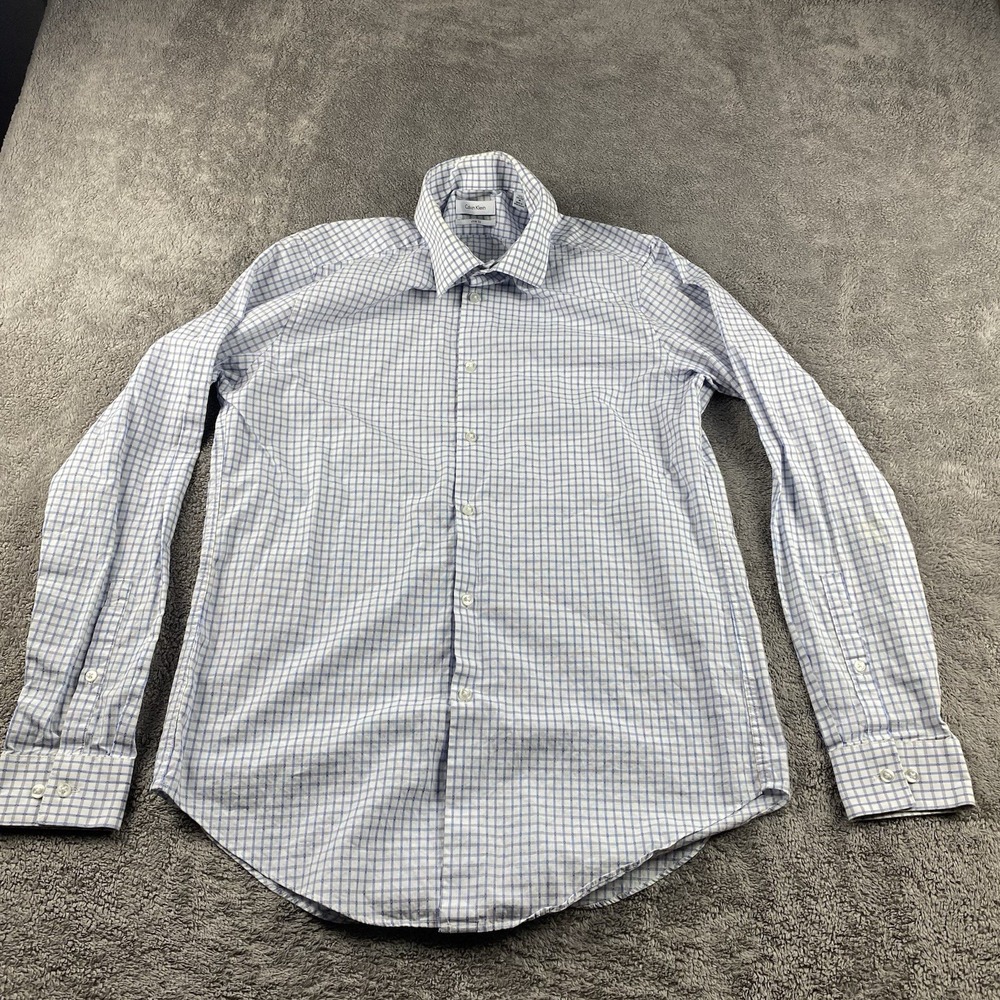 Calvin Klein Slim Fit Dress Shirt Mens Medium 15.5 34-35 White Blue Plaid